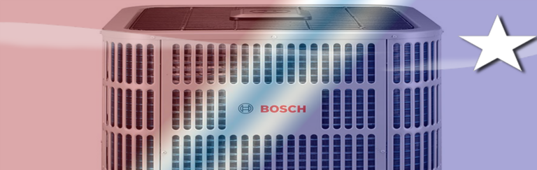 Close-up of a silver Bosch air conditioning condenser unit against a red, white, and blue stylized background with a star.