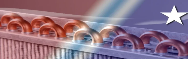 Close-up of shiny copper U-bend tubing and aluminum fins on an HVAC condenser coil, overlaid with a star graphic.