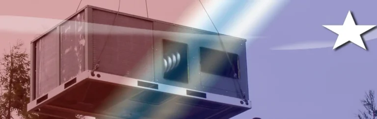 Commercial HVAC unit being lifted by crane against a red, white, and blue patriotic background with a large white star.