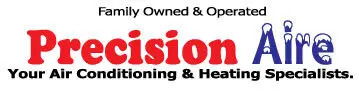 Precision Aire HVAC logo, featuring red and blue text, identifying the company as Family Owned & Operated specialists.